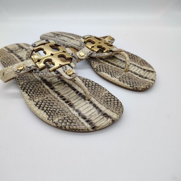 Tory Burch Metal Miller Snakeskin Print Thong Sandals Golden Medallion Logo 6.5 - Picture 5 of 8